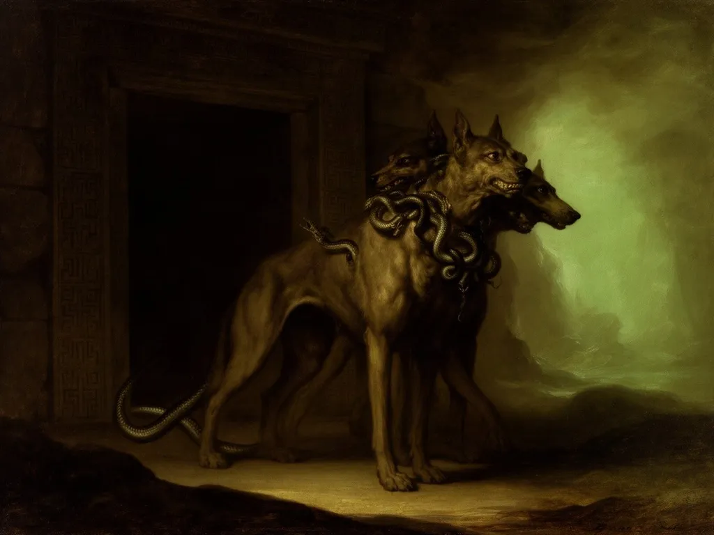 ภาพวาดอสูร เซอร์เบอรัส (Cerberus) ในหมวดลูกหลานของเอคิดนา — ภารกิจที่ 12 ของเฮราคลีส