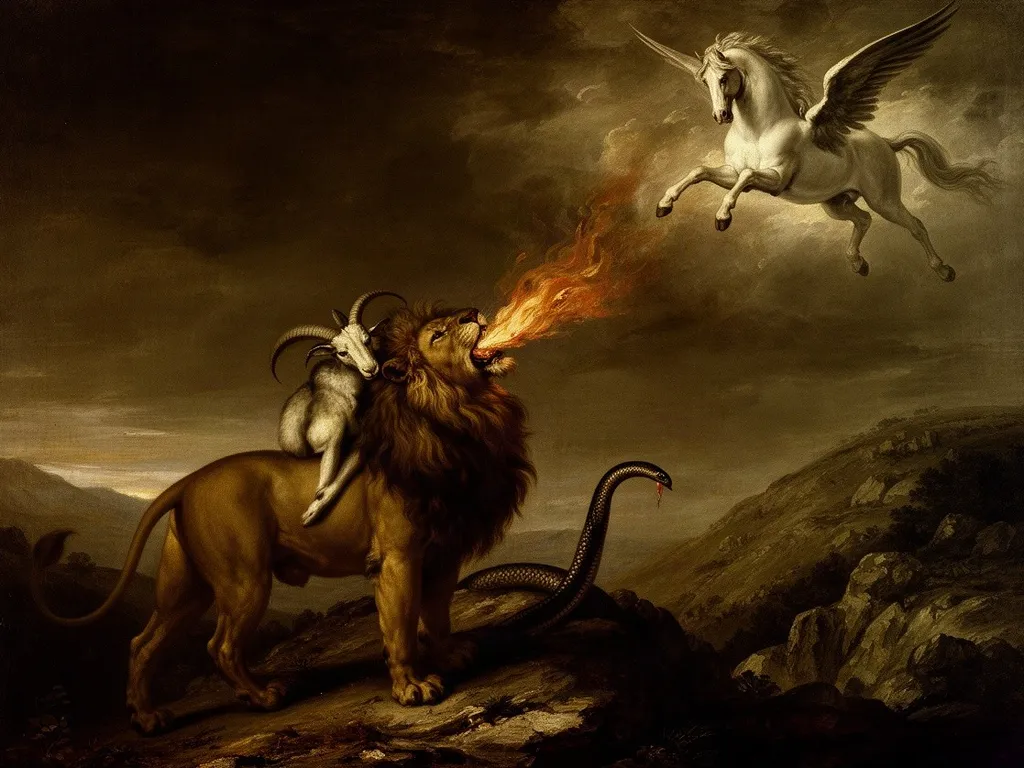 ภาพวาดอสูร ไคเมียรา (Chimera) ในหมวดลูกหลานของเอคิดนา — วีรกรรมของเบลเลอโรฟอน