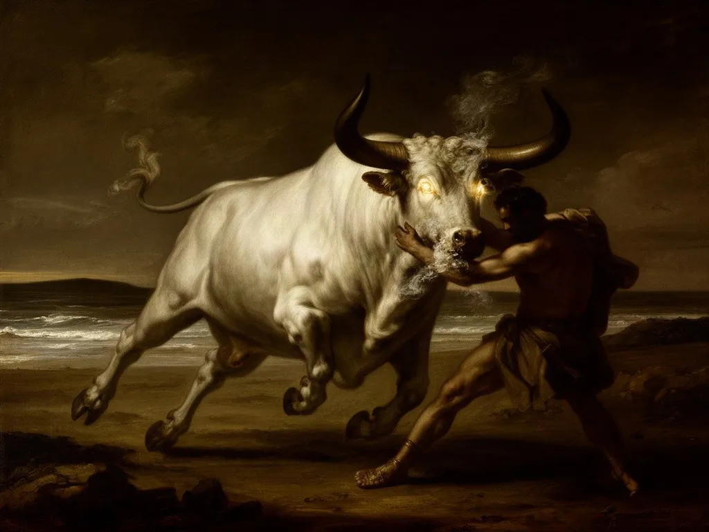 ภาพวาดอสูร วัวแห่งครีต (Cretan Bull) ในหมวดสัตว์ร้ายแห่งวีรกรรมและวีรบุรุษ — ภารกิจที่ 7 ของเฮราคลีส
