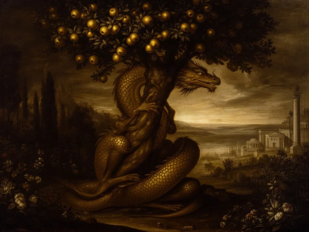 ภาพวาดอสูร ลาดอน (Ladon) ในหมวดลูกหลานของเอคิดนา — ภารกิจที่ 11 ของเฮราคลีส