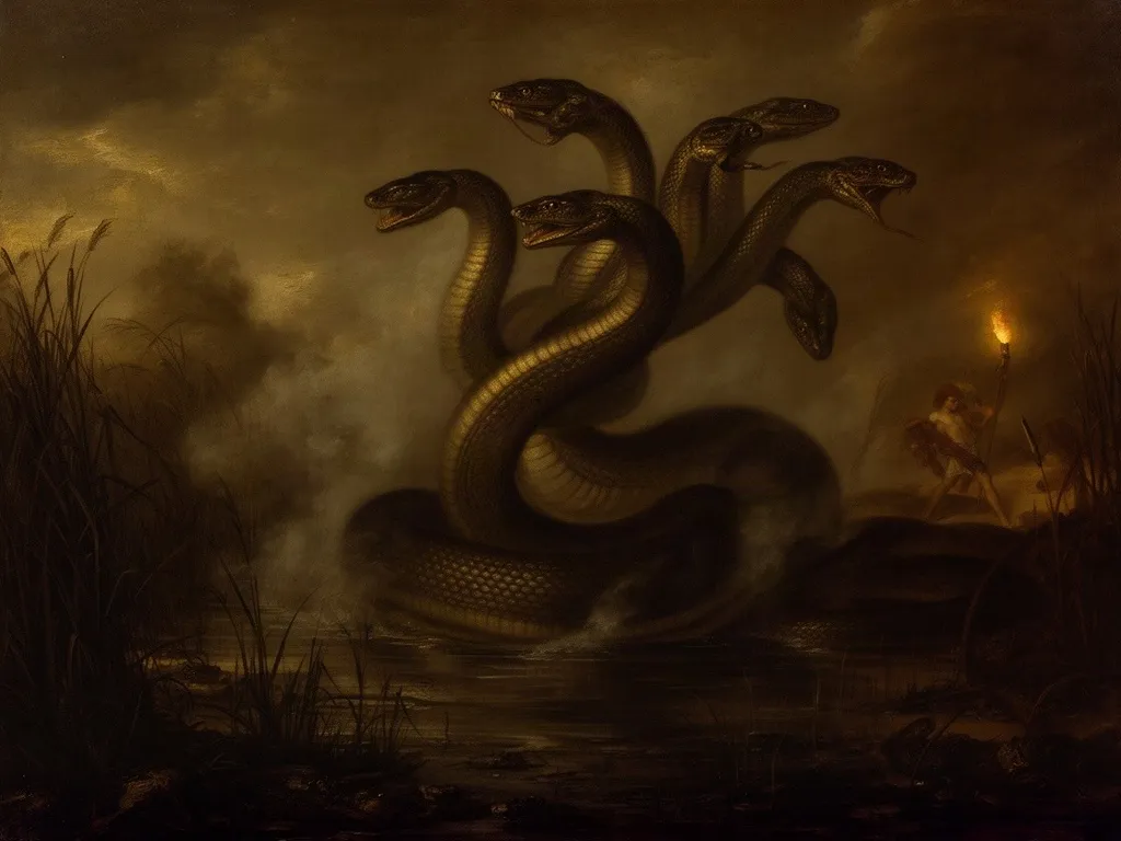 ภาพวาดอสูร ไฮดราแห่งเลอร์นา (Lernaean Hydra) ในหมวดลูกหลานของเอคิดนา — ภารกิจที่ 2 ของเฮราคลีส
