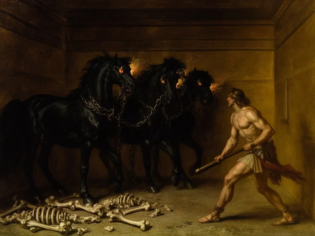ภาพวาดอสูร ม้ากินคนของดิโอมีดีส (Mares of Diomedes) ในหมวดสัตว์ร้ายแห่งวีรกรรมและวีรบุรุษ — ภารกิจที่ 8 ของเฮราคลีส