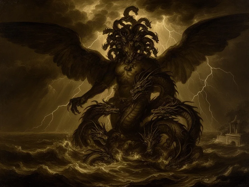ภาพวาดอสูร ไทฟอน (Typhon) ในหมวดยุคก่อนเทพโอลิมปัส — สงครามระหว่างซุสกับสัตว์ประหลาดแห่งสรรพสิ่ง